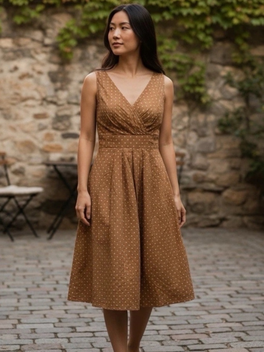 Land’s End sleeveless polka dot dress size 4 midi brown white tank neutral boho